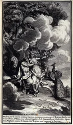 Mientras la lucha continúa siendo ventajosa para los troyanos, Juno usa el cinturón de Venus para encantar a Júpiter, y el sueño para dormirlo. Sin embargo, Neptuno revive a los griegos y los troyanos son rechazados. Ilustración del libro XIV de la Ilíada 
