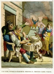 “Quien quiera disfrutar de la vida y vivir bien debe tomar el mundo como viene”. Colección de proverbios, grabado de finales del siglo XVIII