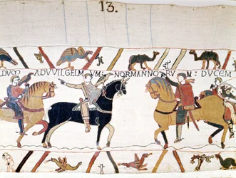 Guillermo I el Conquistador (1027 - 1087) se reunió con Harold II (1022 - 1066), Rey de Inglaterra, después de liberarlo. Tapiz de Bayeux, conocido como Bordado de la Reina Matilde