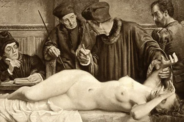 Brujería. Científicos buscan un lunar en el cuerpo de una bruja, para pellizcarlo y estudiar la reacción. Ilustración de E. Van Hoove. 1888