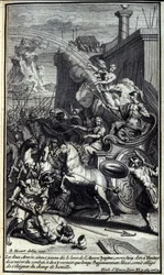 Con los dos ejércitos uniéndose al amanecer, Júpiter envió a Iris para decirle a Héctor que se retirara de la batalla y regresara solo cuando Agamenón herido, se viera obligado a alejarse del campo de batalla. Ilustración del libro XI de la Ilíada de Homer