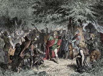 Widukind llama a sus sajones a las armas - Widukind de Sajonia (circa 750-810) llama a los sajones a levantar sus armas contra la invasión franca de Carlomagno en 777