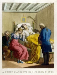 "Lágrimas de mujer, fuente de malicia. Mira a una mujer llorar." Grabado del siglo XVIII ilustrando una serie de proverbios.