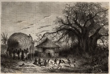 Mujeres de los bordes del Zambeze saludando chozas y en primer plano, juego de niños. Grabado para ilustrar los primeros viajes del Dr. Livingstone al sur de África de 1840 a 1856, en "Le tour du monde, nouveau journal des voyages" publicado bajo la direcc