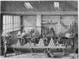 Taller para llenar y soldar latas - en “Las maravillas de la industria” por Louis Figuier