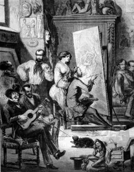 Taller de un pintor en el siglo XIX. Algunos tocan música, otros fuman mientras el pintor dibuja. Grabado del siglo XIX