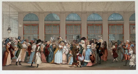 Paseo mundial en la galería de madera del Palais Royal, finales del siglo XVIII - cromo después del grabado de Debucourt