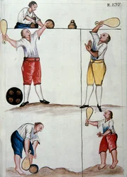 Jóvenes mestizas jugando un juego de pelota, del libro "Trujillo del Perú" o "Códice Martínez Compañón", por Baltazar Martínez Compañón y Bujanda, obispo de Trujillo (1782-1785)