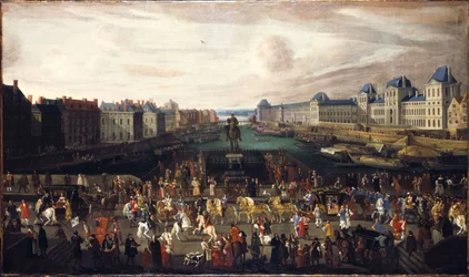 El Pont Neuf, visto desde la entrada de la Place Dauphine, el Quai Malaquais con el Collège des Quatre-Nations en construcción, la Grande Galerie y el Louvre, hacia 1665. Paso de un cortejo por el puente, entre 1665 y 1669