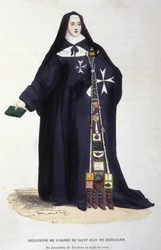 Religioso de la Orden de San Juan de Jerusalén, del monasterio de Toulouse en traje de Coeur. Grabado de un álbum sobre órdenes religiosas, París
