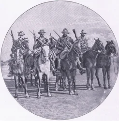Bóers armados con rifles y paraguas, de Después de Pretoria: La Guerra de Guerrillas publicada por Harmsworth Bros Limited