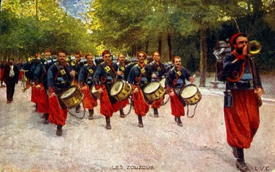 Postal propagandística de la Primera Guerra Mundial. circa 1916. mostrando soldados zuavos norteafricanos.