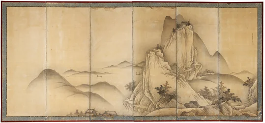 Paisaje con viajeros en caminos de montaña