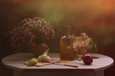 Mesa de la cosecha con flores