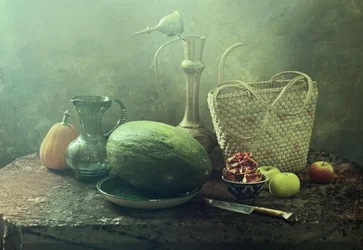 Naturaleza muerta rústica con melón
