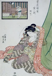 Hora del dragón, quinta a séptima hora de la mañana, ca 1818, xilografía de arte Ukiyo-e por Utagawa Kunisada de Las doce horas en Yoshiwara, xilografía Oban-tate-e