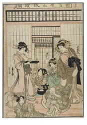 Escena del Shin Yoshiwara (Tríptico). Interior de un burdel en el barrio de Yoshiwara con cortesanas y clientes, c.1830-1843 (xilografía sobre papel).