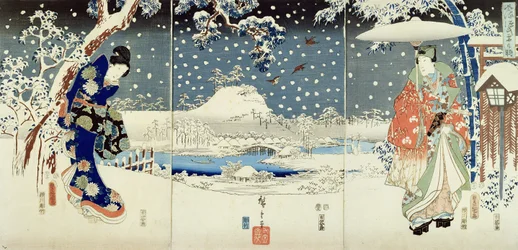 Escena de nieve en el jardín de un daimyo