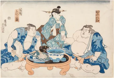 Los luchadores de sumo Kuroiwa y Zogahana con una geisha