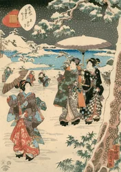 Figuras con sombrillas en la nieve (escena de El cuento de Genji) (xilografía en color sobre papel)