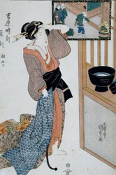Hora del tigre, séptima hora de la mañana, ca 1818, xilografía de arte Ukiyo-e por Utagawa Kunisada de Las doce horas en Yoshiwara, xilografía Oban-tate-e, civilización japonesa