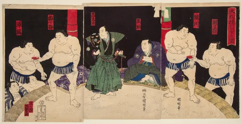 Combate de los luchadores de sumo Umegatan y Sakaigawa