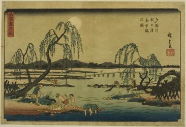 Pescando ayus en el río Tama bajo la luna de otoño (Tamagawa aki no tsuki ayuryo no zu), de la serie "Nieve, luna y flores en lugares famosos (Meisho setsugekka)"