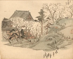 Contemplación de los cerezos en flor en el templo del monte Suribachi, según un dibujo del volumen 5 del «Libro ilustrado de los recuerdos de Edo» (Ehon Edo miyage)