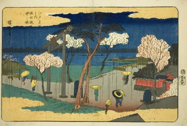 Cerezos en Flor bajo la Lluvia en el Malecón de Sumida (Sumida zutsumi uchu no sakura), de la serie "Lugares Famosos en Edo (Edo meisho no uchi)"