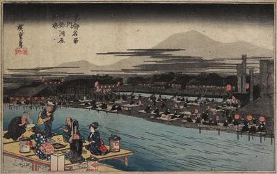 Fresco de la tarde en la ribera del río Shijo, c. 1834