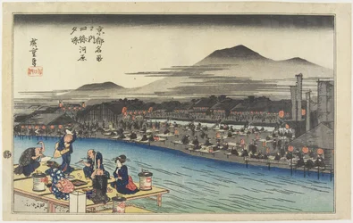 Enfriamiento de la tarde en la ribera del río Shijo, c. 1834