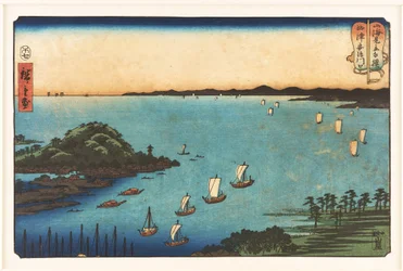 El puerto de Ajikawa en la provincia de Settsu, de la serie «Combates de sumō entre montañas y mar»