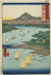 Provincia de Dewa: Río Mogami y vista distante del Monte Gassan (Dewa, Mogamigawa, Gassan enbo), de la serie "Lugares famosos en las sesenta y tantas provincias (Rokujuyoshu meisho zue)"