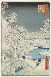 Puente del tambor y colina del atardecer en Meguro, abril de 1856