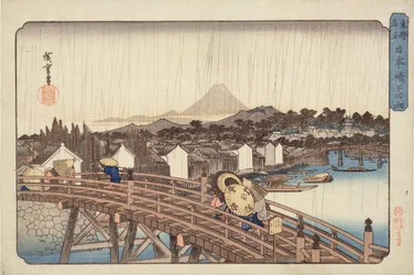 Lluvia vespertina en el puente Nihonbashi, de Lugares célebres de la capital oriental, c.1832