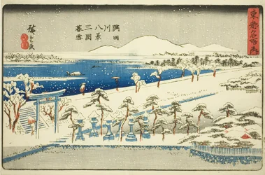 Nieve vespertina en Mimeguri, Ocho vistas del río Sumida (Sumidagawa hakkei, Mimeguri bosetsu), de la serie "Lugares famosos de la capital oriental (Toto meisho no uchi)"