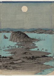 Vista nocturna de los ocho lugares famosos cerca de Kanazawa bajo la luna llena en la provincia de Musashi