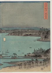 Vista nocturna de los ocho lugares famosos cerca de Kanazawa bajo la luna llena en la provincia de Musashi