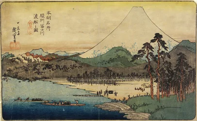 Barcos de ferry en el río Fuji en la provincia de Sunshu, c. 1832-1839