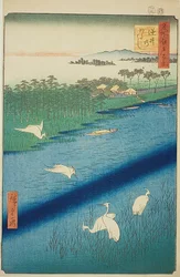 Cruce de transbordadores en Sakasai (Sakasai no watashi), nº 67 de la serie "Cien vistas famosas de Edo (Meisho Edo hyakkei)".