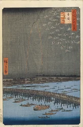 Fuegos artificiales en el Puente Ryogoku, Cien Vistas Famosas de Edo, 1856-1858