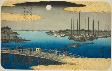 Barcos de Pesca cerca del Puente Eitai en la Bahía de Tsukuda (Eitaibashi Tsukuda oki isaribune), de la serie "Lugares Famosos en Edo (Edo meisho no uchi)"