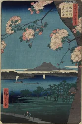 Bosque del santuario de Suijin y Masaki en el río Sumida, agosto de 1856