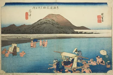 Fuchu: El río Abe (Fuchu, Abekawa), de la serie "Cincuenta y tres estaciones del camino Tokaido (Tokaido gojusan tsugi no uchi)," también conocida como el Tokaido de Hoeido