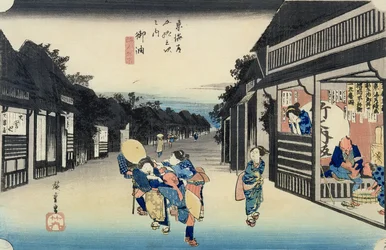 Goyu: camareras que solicitan a los viajeros, de la serie «53 estaciones del Tokaido», publicada en 1833-34