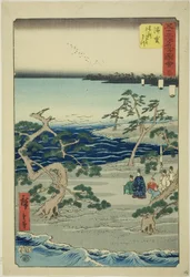 Hamamatsu: Los Famosos Pinos Murmurantes (Hamamatsu, meisho zazanza no matsu), no. 30 de la serie "Lugares Famosos de las Cincuenta y Tres Estaciones (Gojusan tsugi meisho zue)," también conocido como el Tokaido Vertical