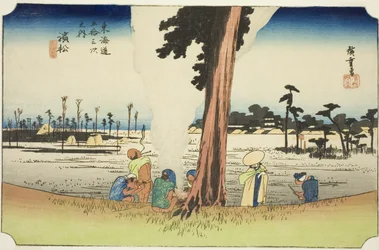 Hamamatsu: Escena de invierno (Hamamatsu, fuyugare no zu), de la serie "Cincuenta y tres estaciones del Tokaido (Tokaido gojusan tsugi no uchi)", también conocida como el Tokaido de Hoeido