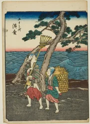 Hamamatsu, de la serie "Cincuenta y tres Estaciones [del Tokaido] (Gojusan tsugi)," también conocida como el Tokaido de Figuras (Jinbutsu Tokaido)