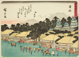Hamamatsu, de la serie "Cincuenta y tres Estaciones del Tokaido (Tokaido gojusan tsugi)", también conocido como el Tokaido con Poema (Kyoka iri Tokaido)