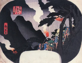 Hiroshige Viajeros en un sendero de montaña por la noche